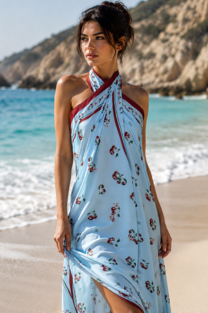 Silk Satin Cherry blue Scarf 142 × 142