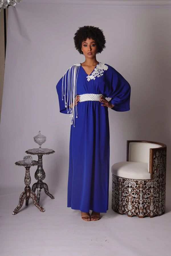 Handcrafted Blue Silk Crepe Macramé Dress