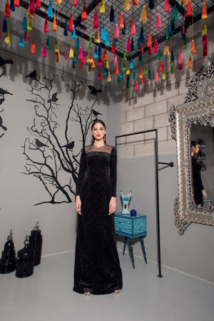 Elegant Black Dotted Silk Velvet Kaftan