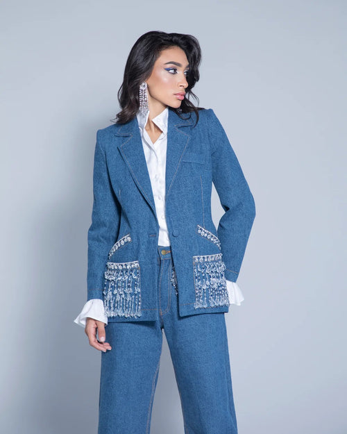 Crystal Crest Hand-Embroidered Denim Blazer