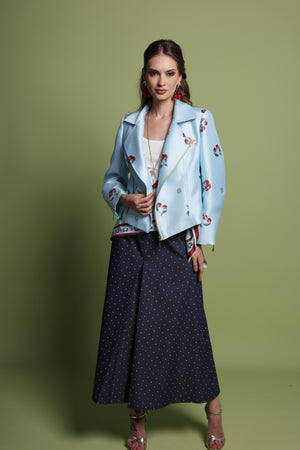 Cherry Print blue Biker Jacket