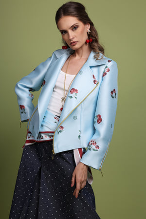 Cherry Print blue Biker Jacket