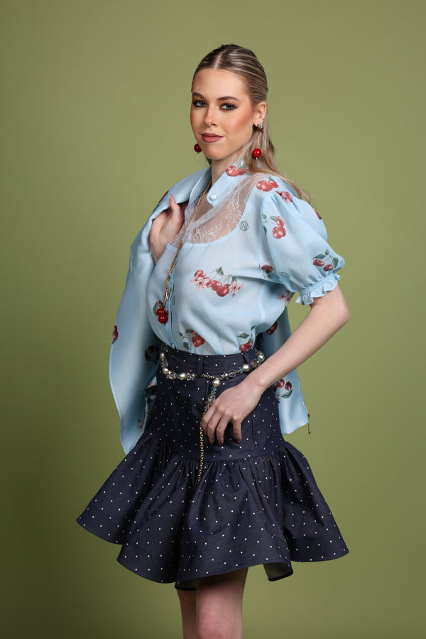 Polka Dot Denim Mini Skirt