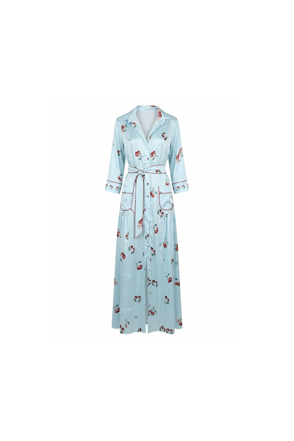 Cherry blue Print Satin Shirt Dress