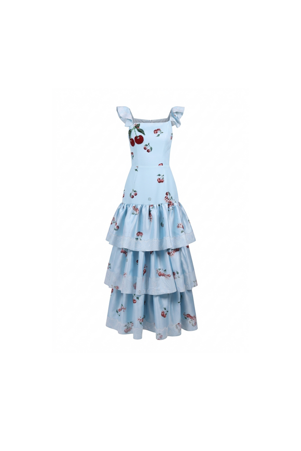 Cherry blue Print Tiered Maxi Dress