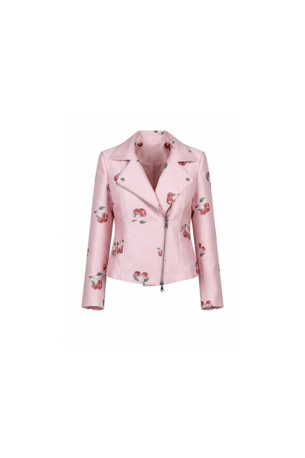 Cherry pink Print Biker Jacket