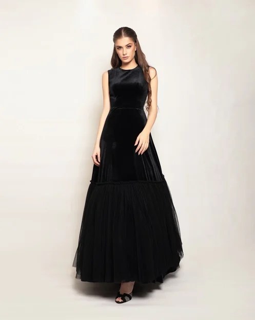 Black Velvet Ruffle Dress