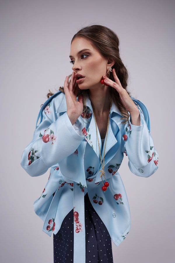Cherry blue Print Trench Jacket