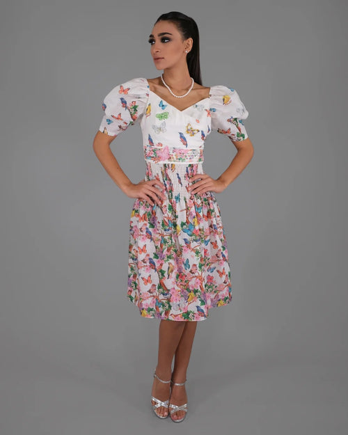 Birds Silk Dress with Banded Waist