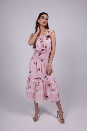 Cherry pink Smocked Midi Dress