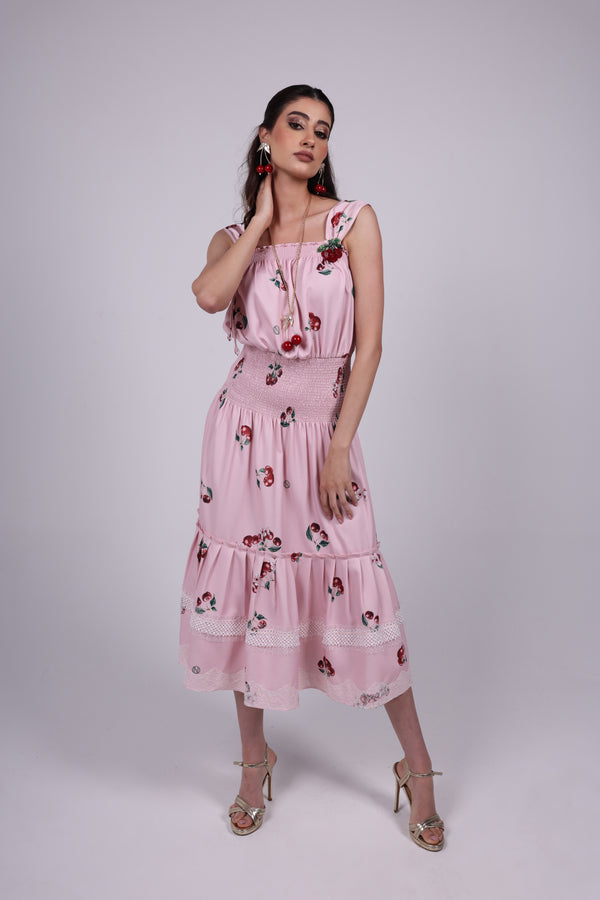 Cherry pink Smocked Midi Dress