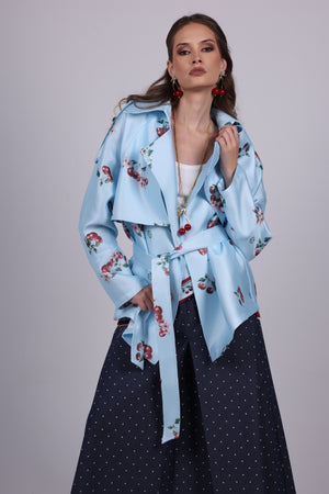 Cherry blue Print Trench Jacket