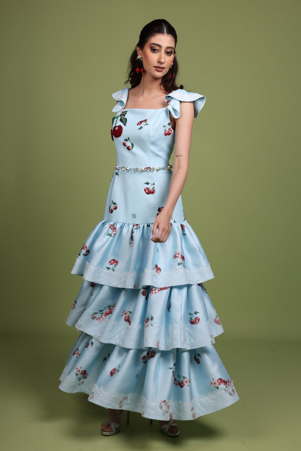 Cherry blue Print Tiered Maxi Dress