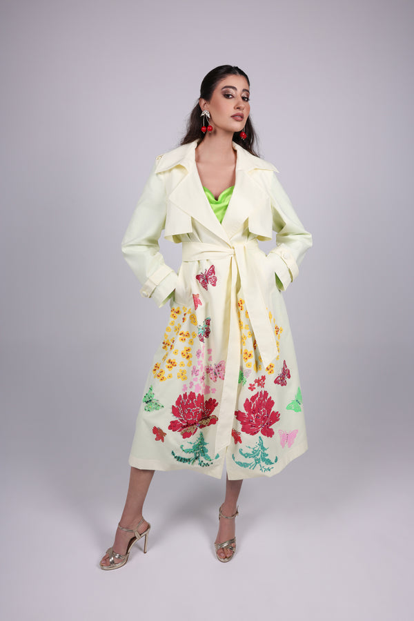 Hand-Painted Floral Trench Coat