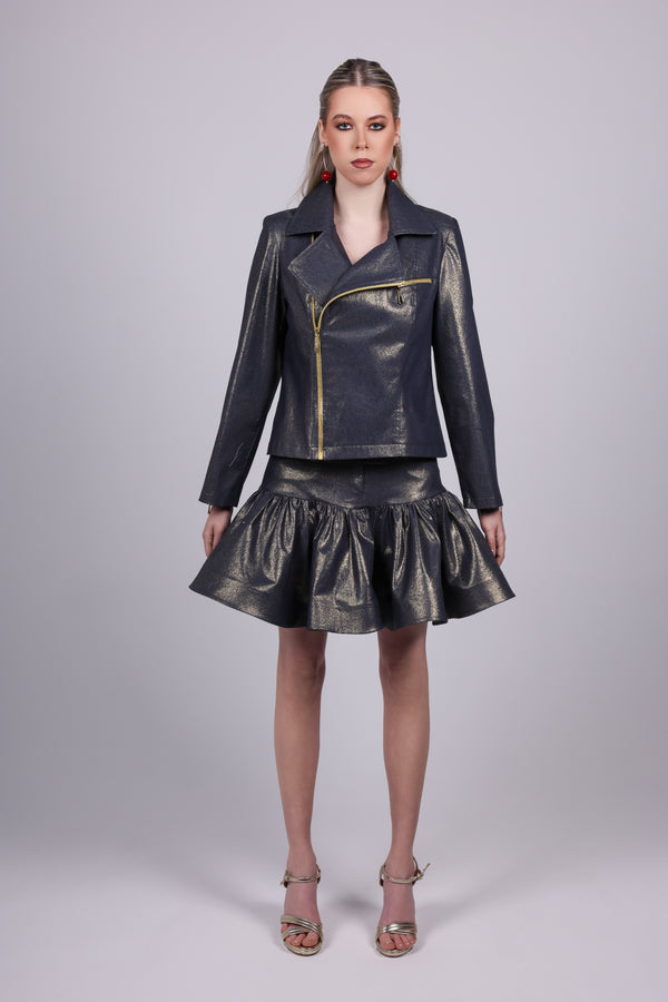 Metallic Gold Denim Biker Jacket