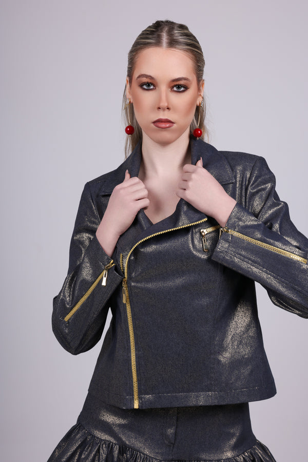 Metallic Gold Denim Biker Jacket