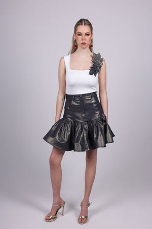 Metallic Gold Denim Ruffle Skirt