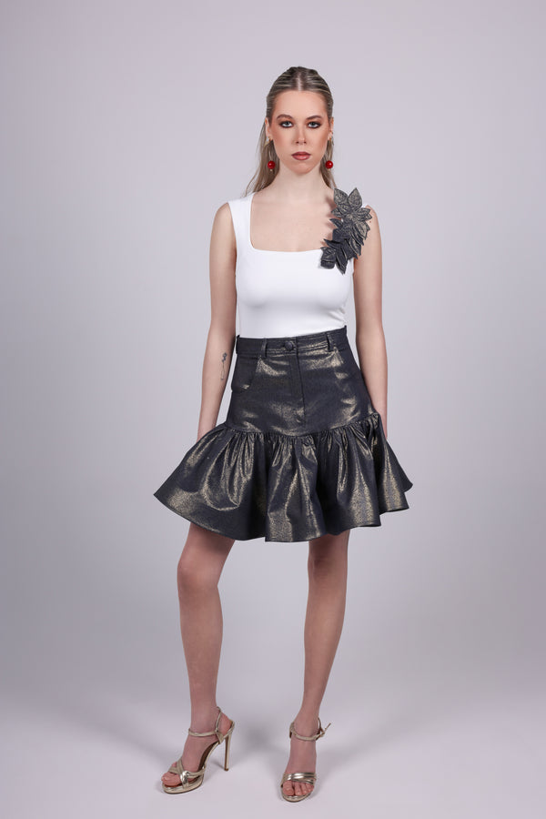 Metallic Gold Denim Ruffle Skirt