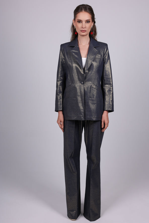 Metallic Denim Wide-Leg Trousers