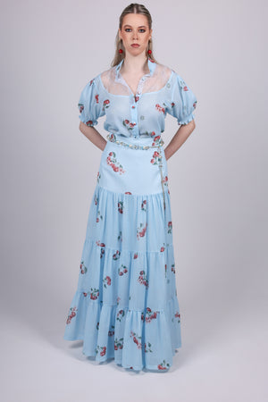 Cherry blue Tiered Maxi Skirt