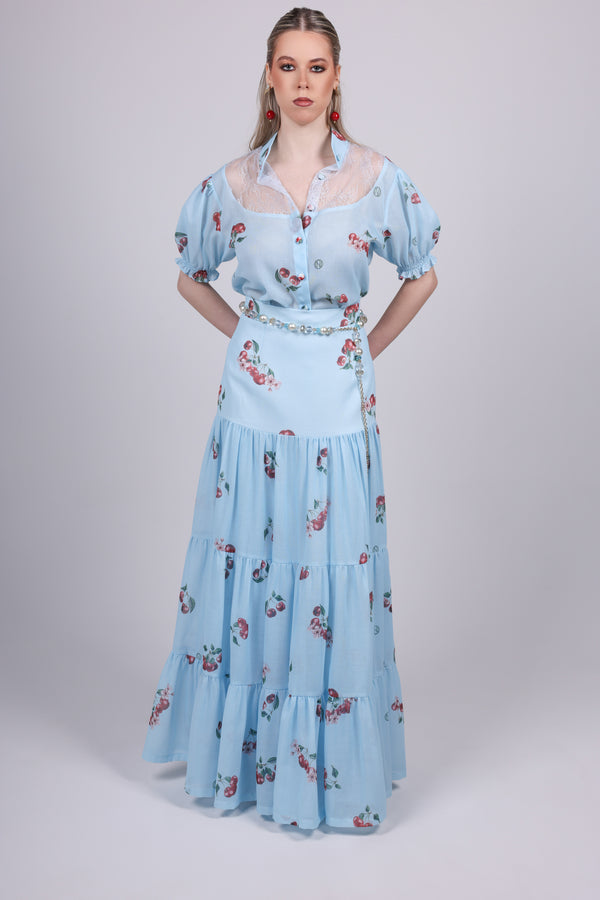 Cherry blue Tiered Maxi Skirt