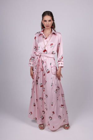Cherry Pink Print Satin Dress