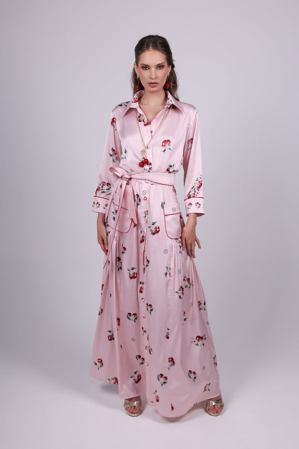 Cherry Pink Print Satin Dress