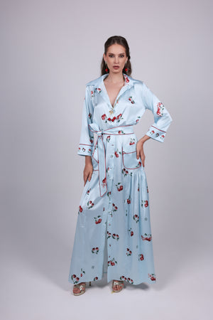 Cherry blue Print Satin Shirt Dress
