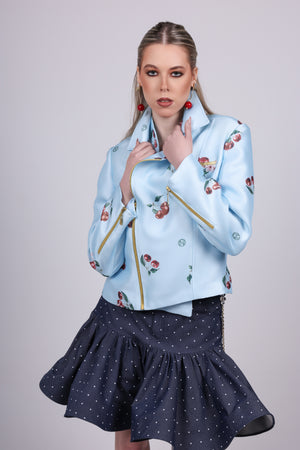 Cherry Print blue Biker Jacket