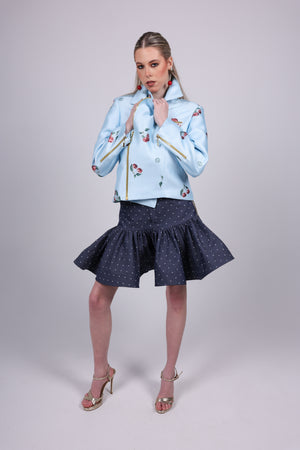 Cherry Print blue Biker Jacket