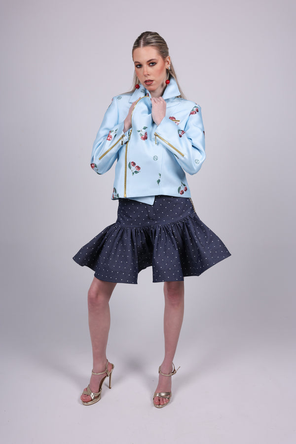 Cherry Print blue Biker Jacket