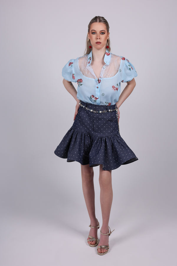 Polka Dot Denim Mini Skirt