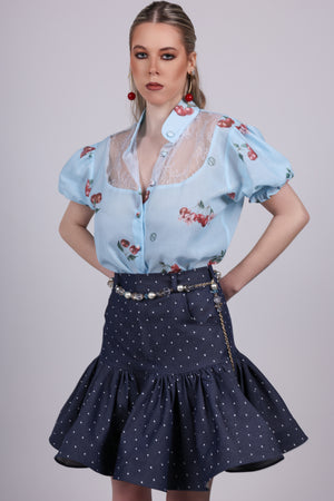 Polka Dot Denim Mini Skirt
