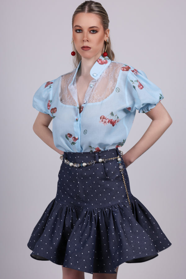 Polka Dot Denim Mini Skirt