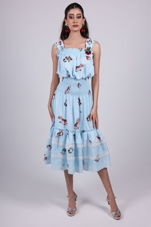 Cherry blue Print Cotton Dress