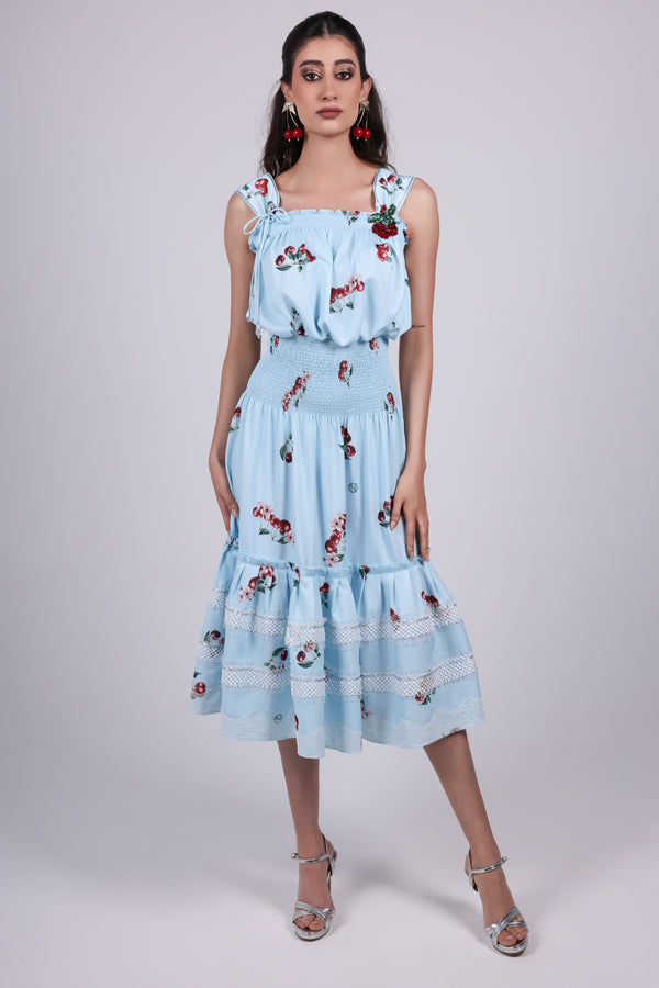 Cherry blue Print Cotton Dress