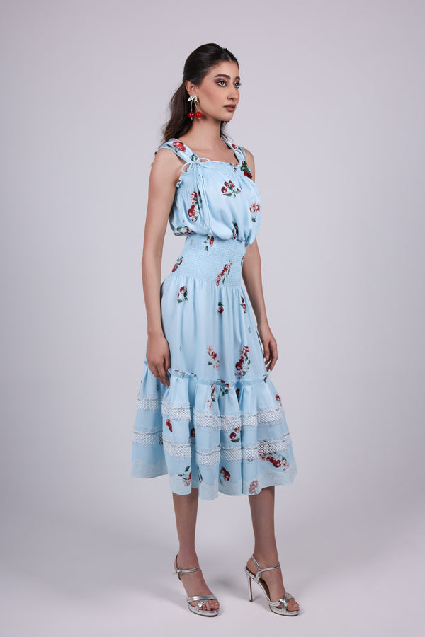 Cherry blue Print Cotton Dress