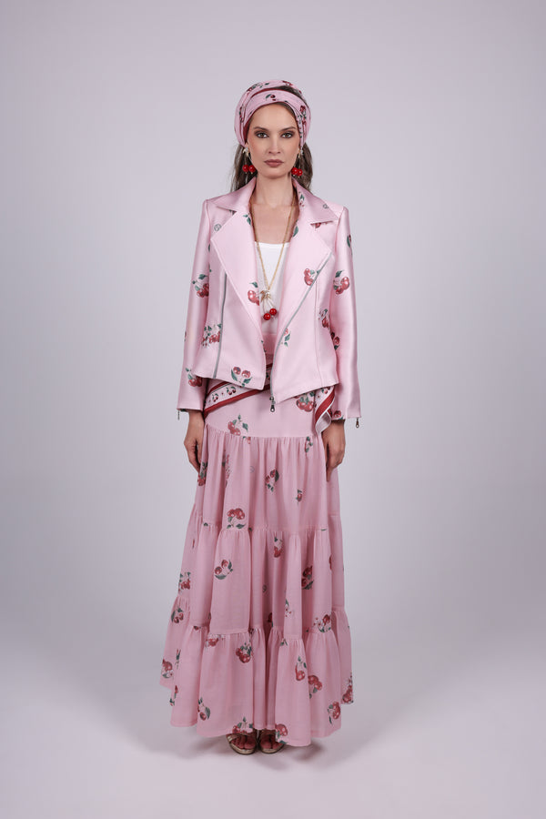 Cherry pink Print Biker Jacket