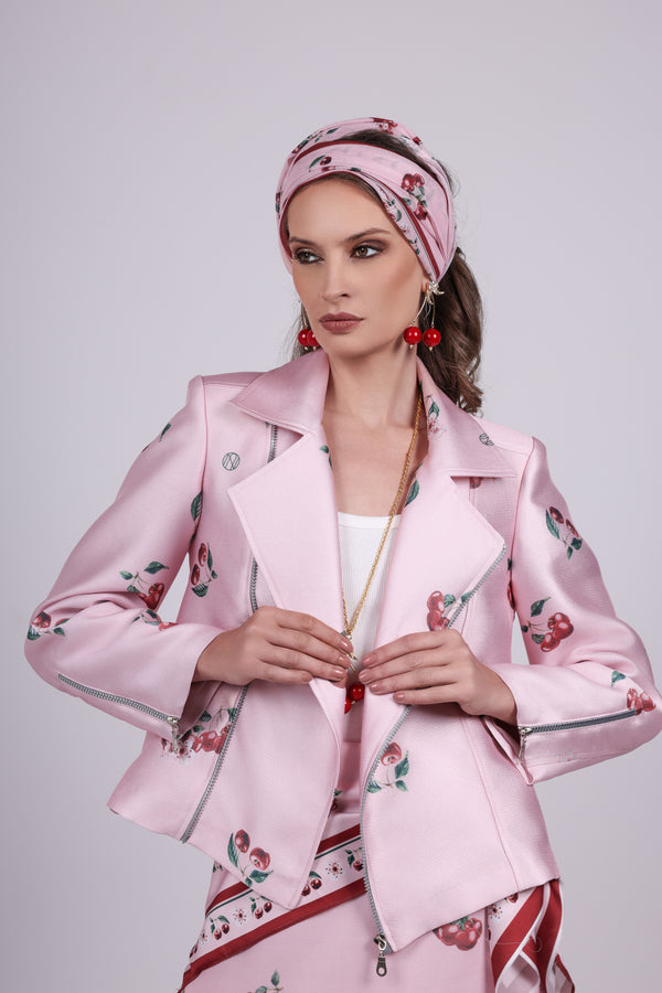 Cherry pink Print Biker Jacket