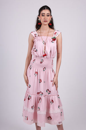 Cherry pink Smocked Midi Dress