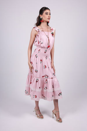 Cherry pink Smocked Midi Dress