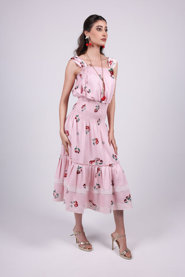 Cherry pink Smocked Midi Dress
