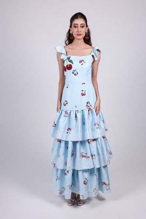 Cherry blue Print Tiered Maxi Dress