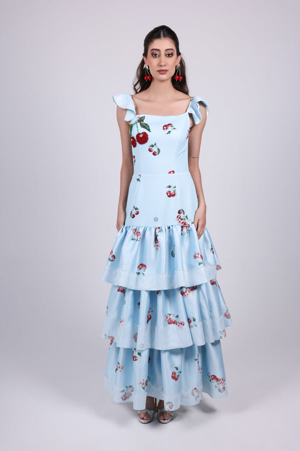 Cherry blue Print Tiered Maxi Dress