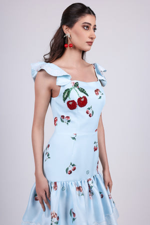 Cherry blue Print Tiered Maxi Dress