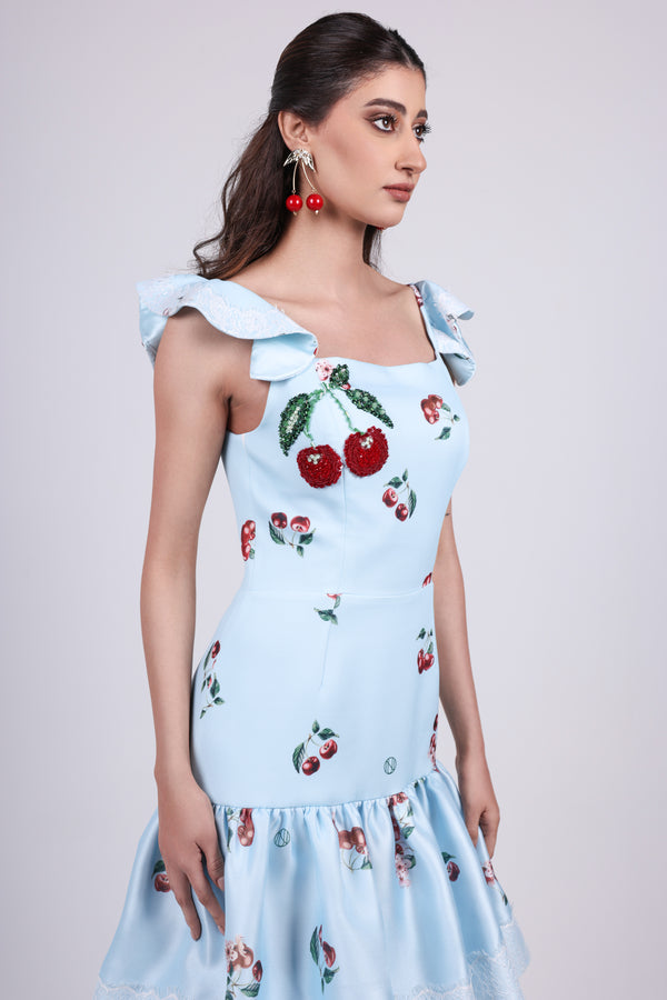 Cherry blue Print Tiered Maxi Dress