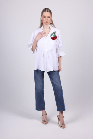 Cherry Appliqué Cotton Silk Blouse