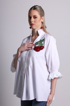 Cherry Appliqué Cotton Silk Blouse