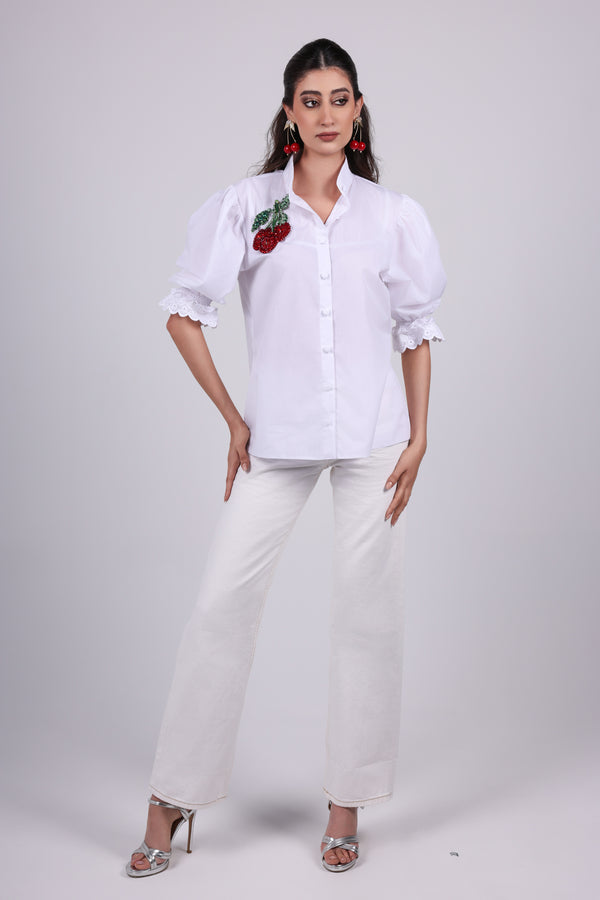 Cherry Appliqué Poplin Blouse