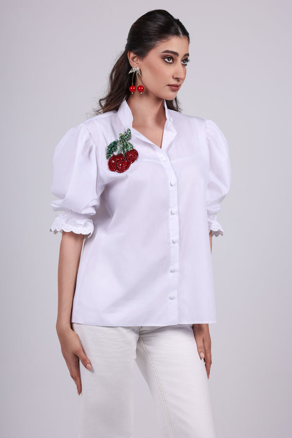 Cherry Appliqué Poplin Blouse